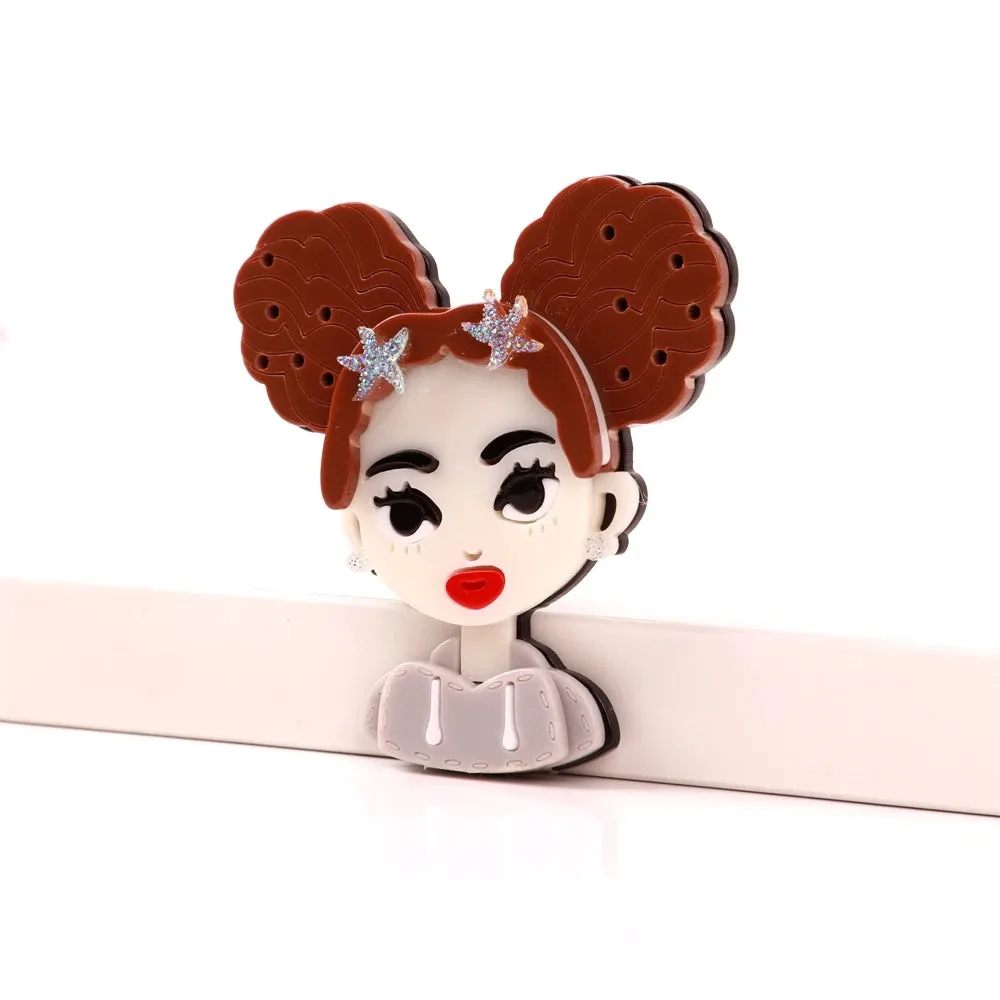 Cute Brown Hair Girl Acrylic Brooches