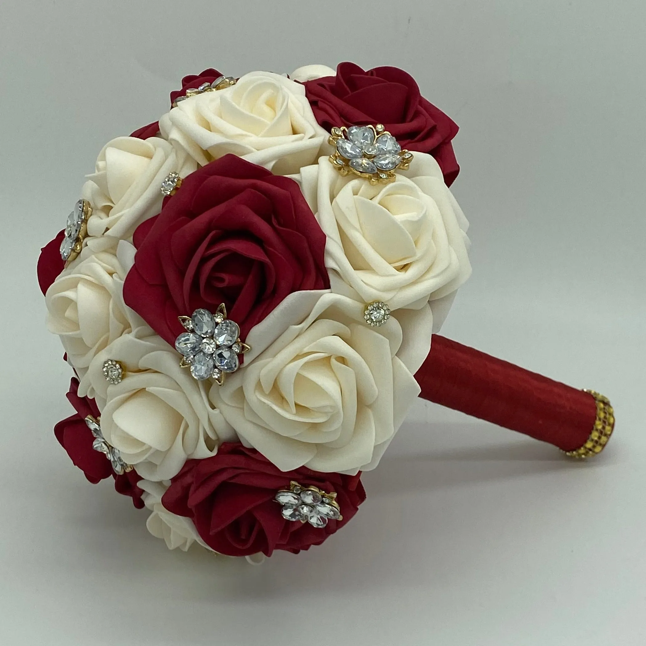 Dark Red Round Bouquet l Real Touch Roses Brooch Bouquet~ BOU-022