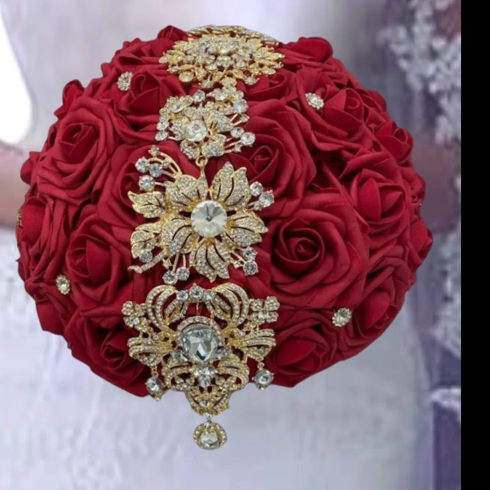 Dark Red Round Bouquet l Real Touch Roses Brooch Bouquet~ BOU-022