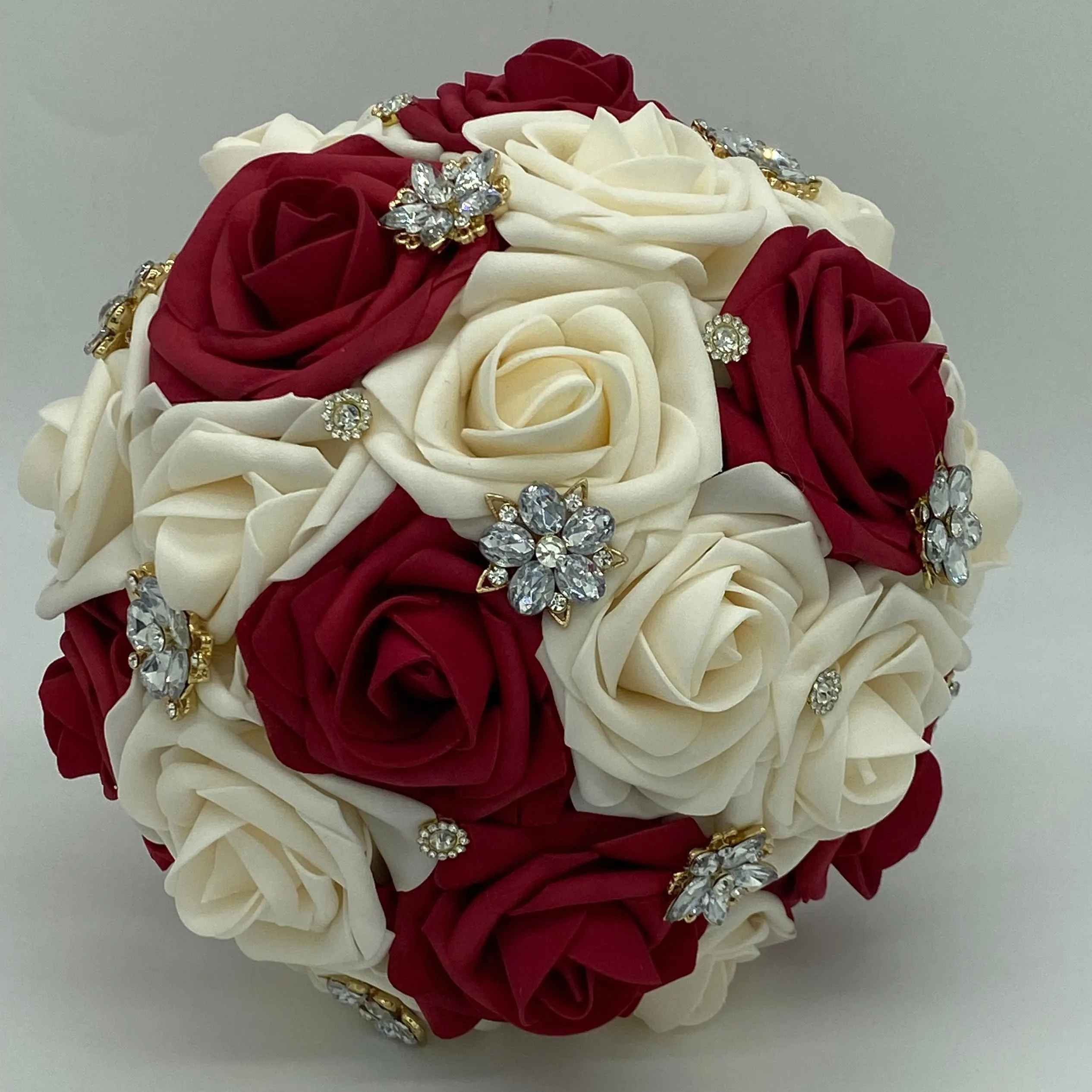 Dark Red Round Bouquet l Real Touch Roses Brooch Bouquet~ BOU-022