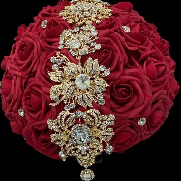 Dark Red Round Bouquet l Real Touch Roses Brooch Bouquet~ BOU-022