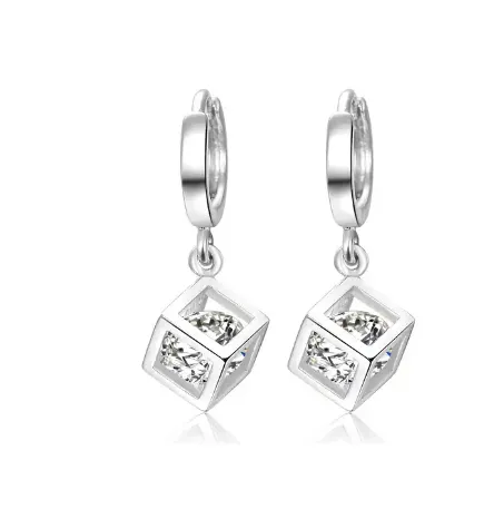 DIAMOND CUBE - 925 Sterling Silver & CZ Dangle Earrings