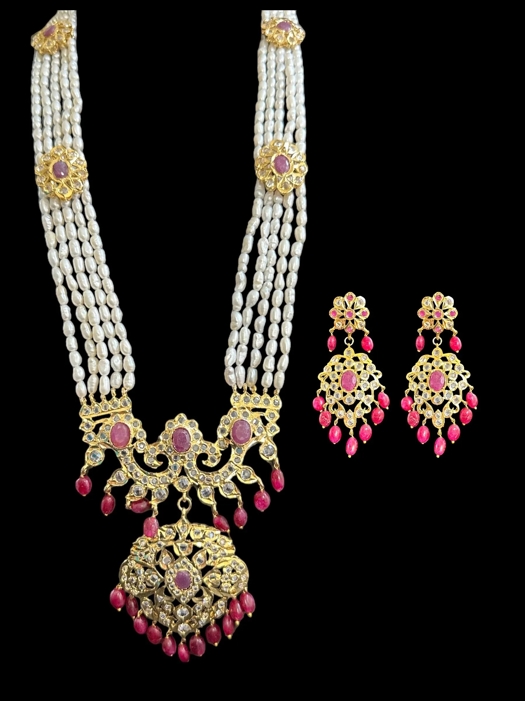 DLN34 Gold plated Rani haar in fresh water pearls and rubies ( READY TO SHIP )