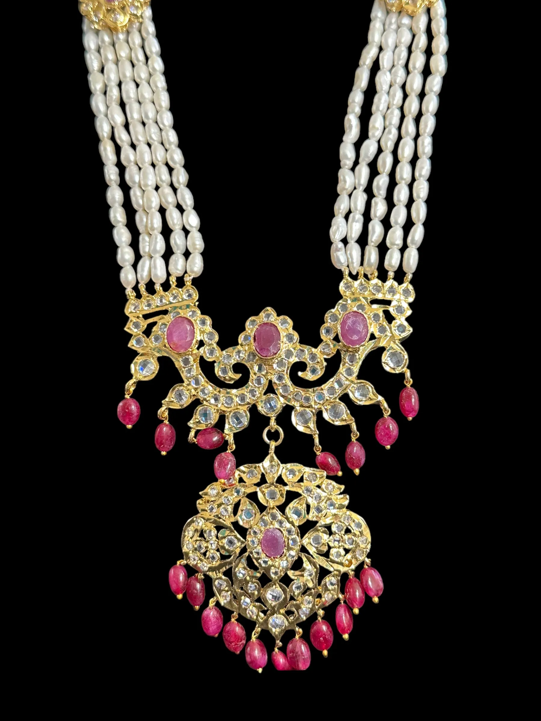 DLN34 Gold plated Rani haar in fresh water pearls and rubies ( READY TO SHIP )