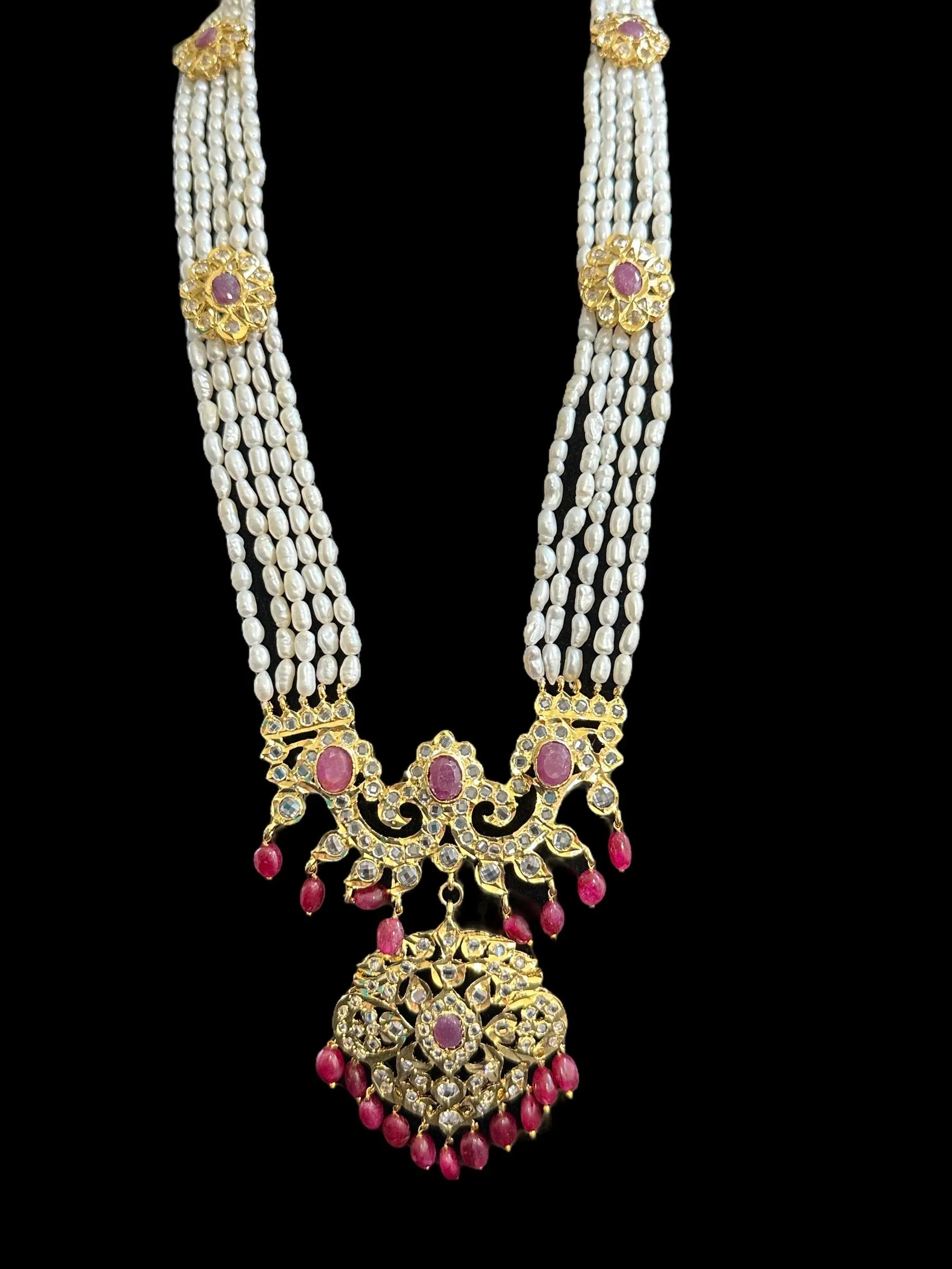 DLN34 Gold plated Rani haar in fresh water pearls and rubies ( READY TO SHIP )