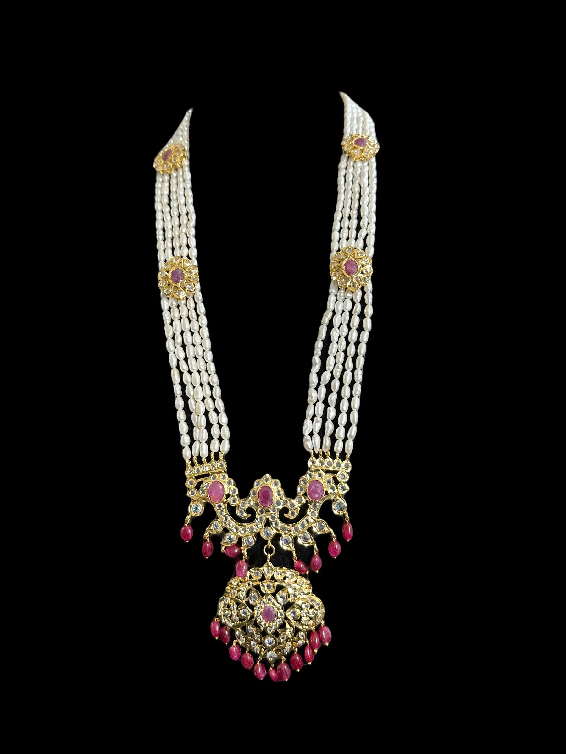 DLN34 Gold plated Rani haar in fresh water pearls and rubies ( READY TO SHIP )