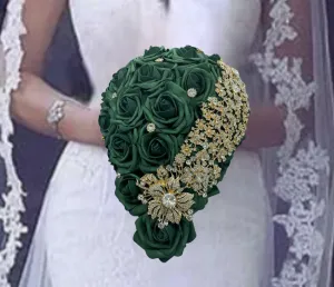 Emerald Green Cascade Bouquet l Waterfall bouquet l  Real Touch Roses Brooch Bouquet CB-001