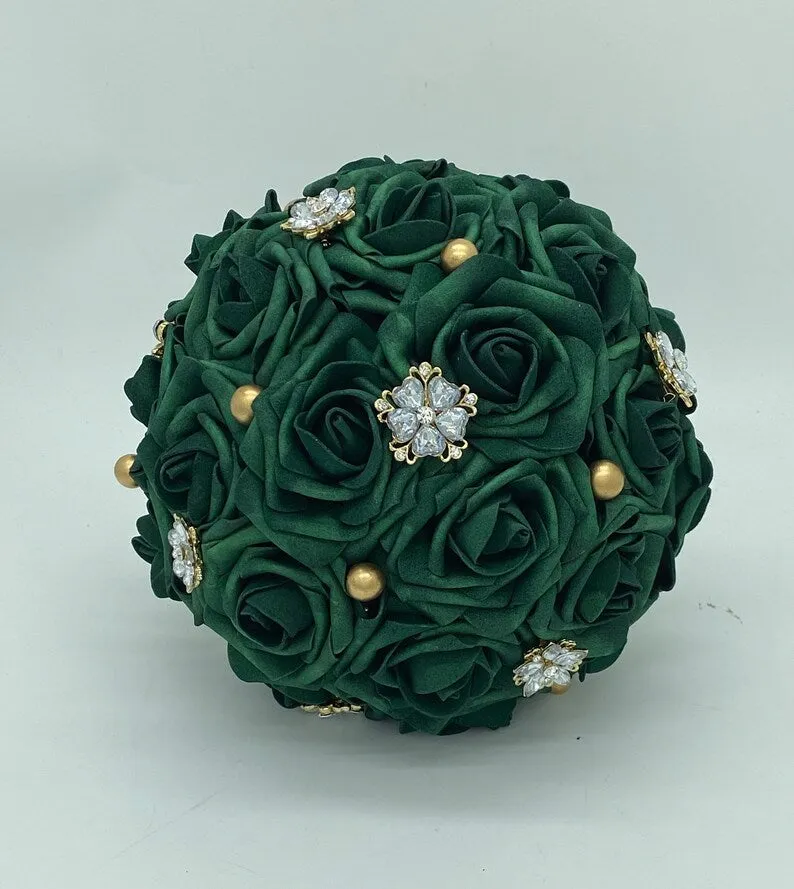 Emerald Green Cascade Bouquet l Waterfall bouquet l  Real Touch Roses Brooch Bouquet CB-001