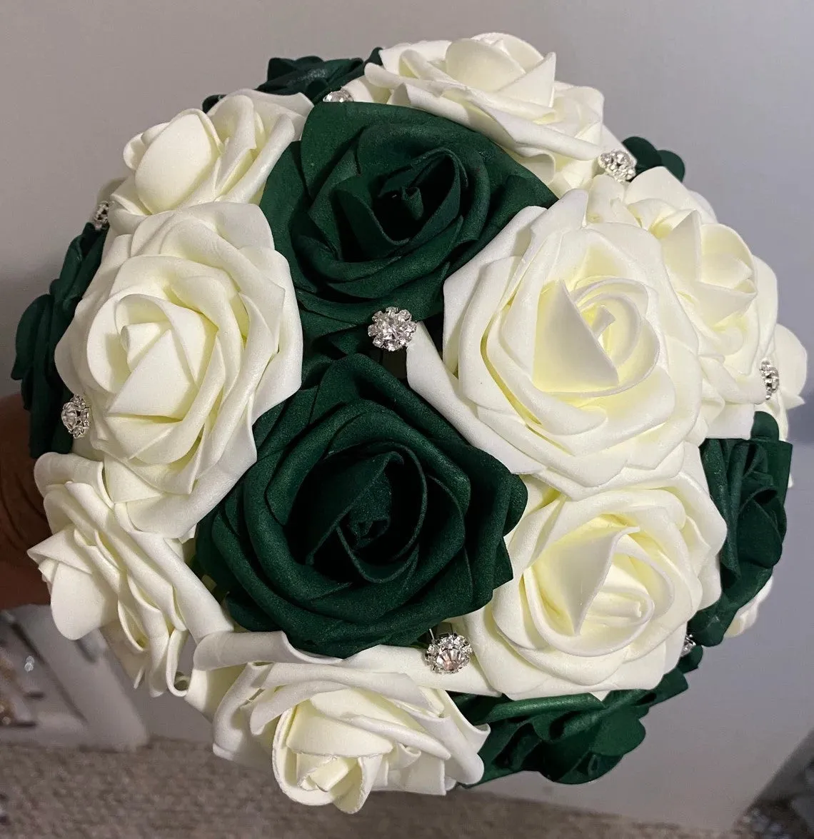 Emerald Green Cascade Bouquet l Waterfall bouquet l  Real Touch Roses Brooch Bouquet CB-003