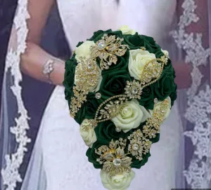 Emerald Green Cascade Bouquet l Waterfall bouquet l  Real Touch Roses Brooch Bouquet CB-003