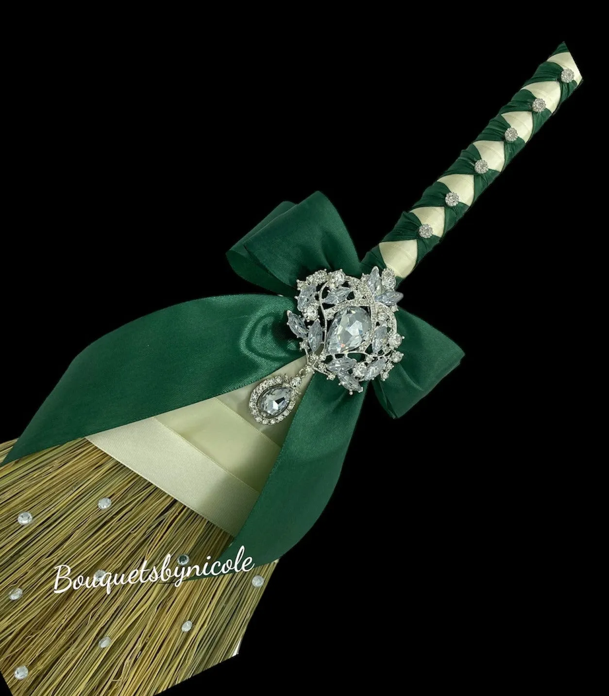 Emerald Green l White Cascade Bouquet l Waterfall bouquet l Real Touch Roses Brooch Bouquet CB-013