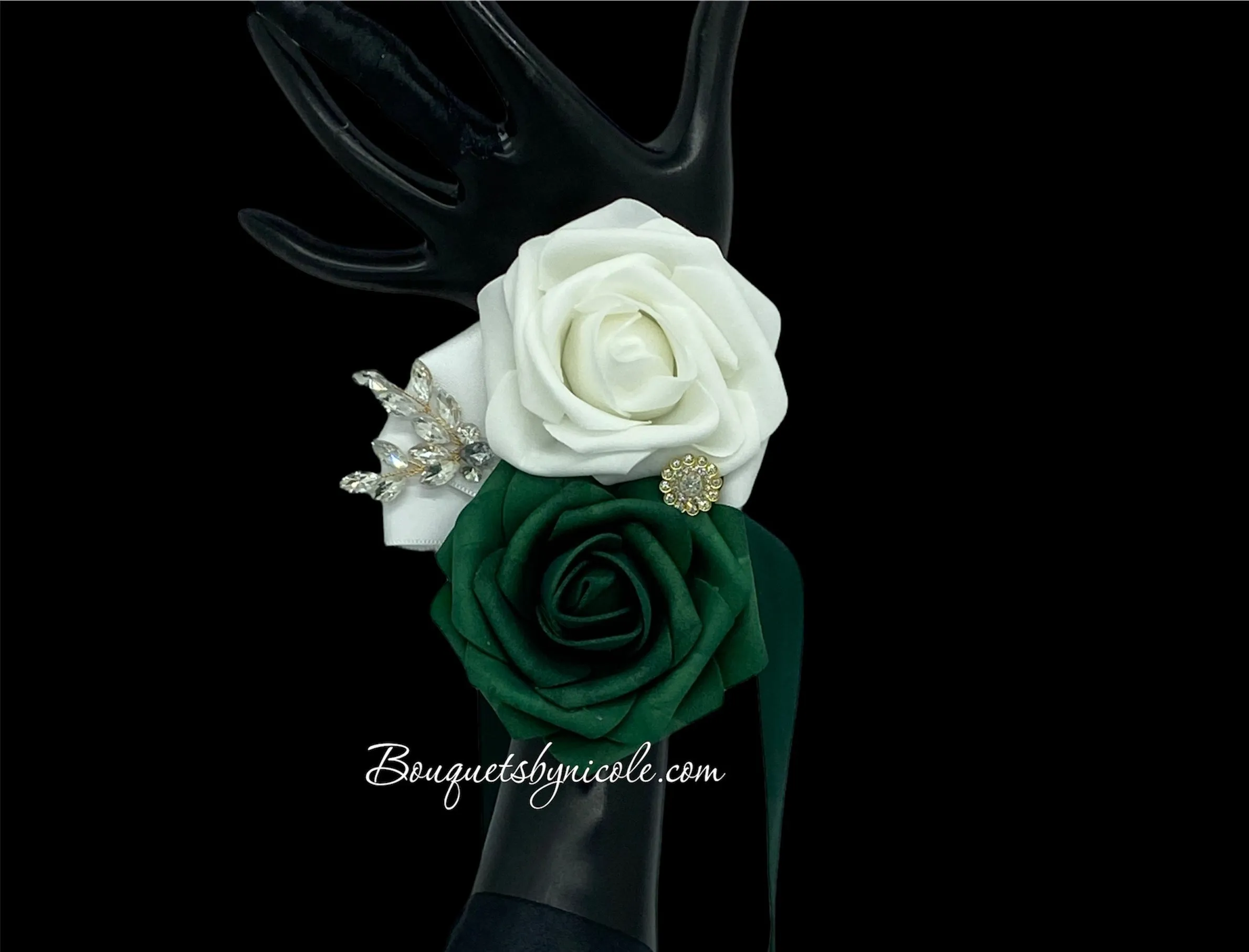 Emerald Green l White Cascade Bouquet l Waterfall bouquet l Real Touch Roses Brooch Bouquet CB-013