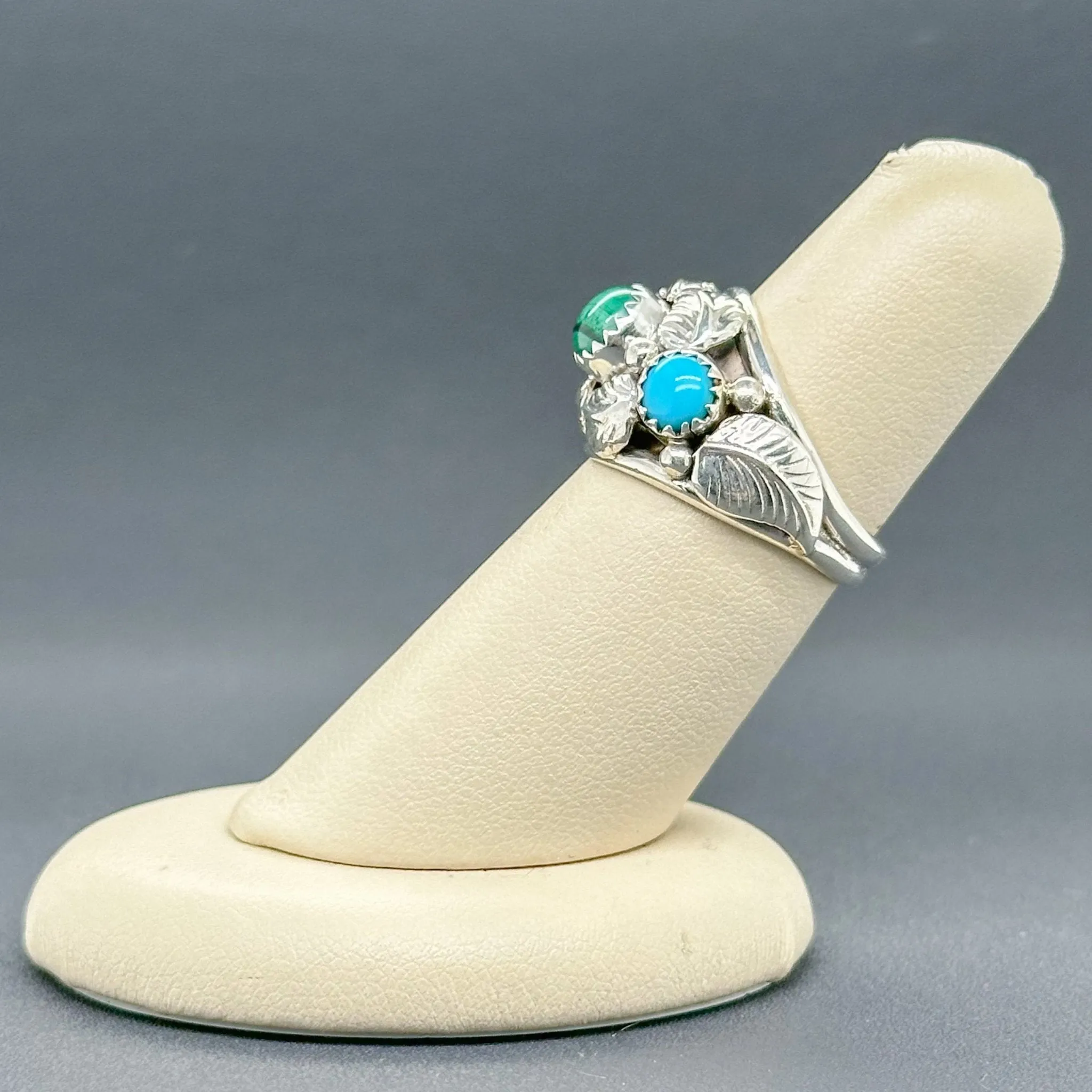 Estate SS Turquoise & Malachite Leaf Ring