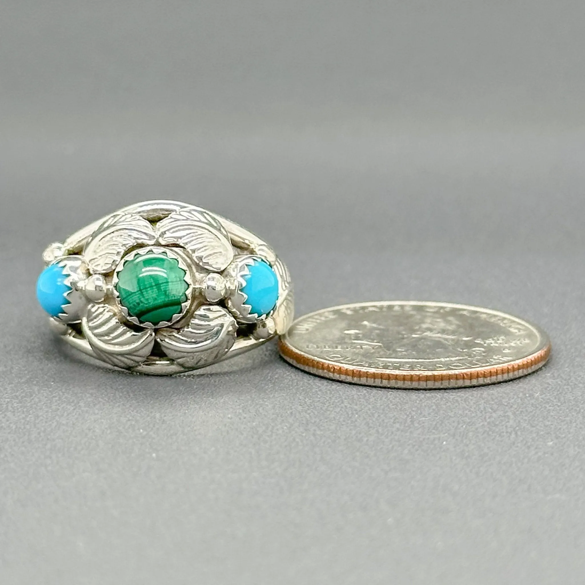 Estate SS Turquoise & Malachite Leaf Ring