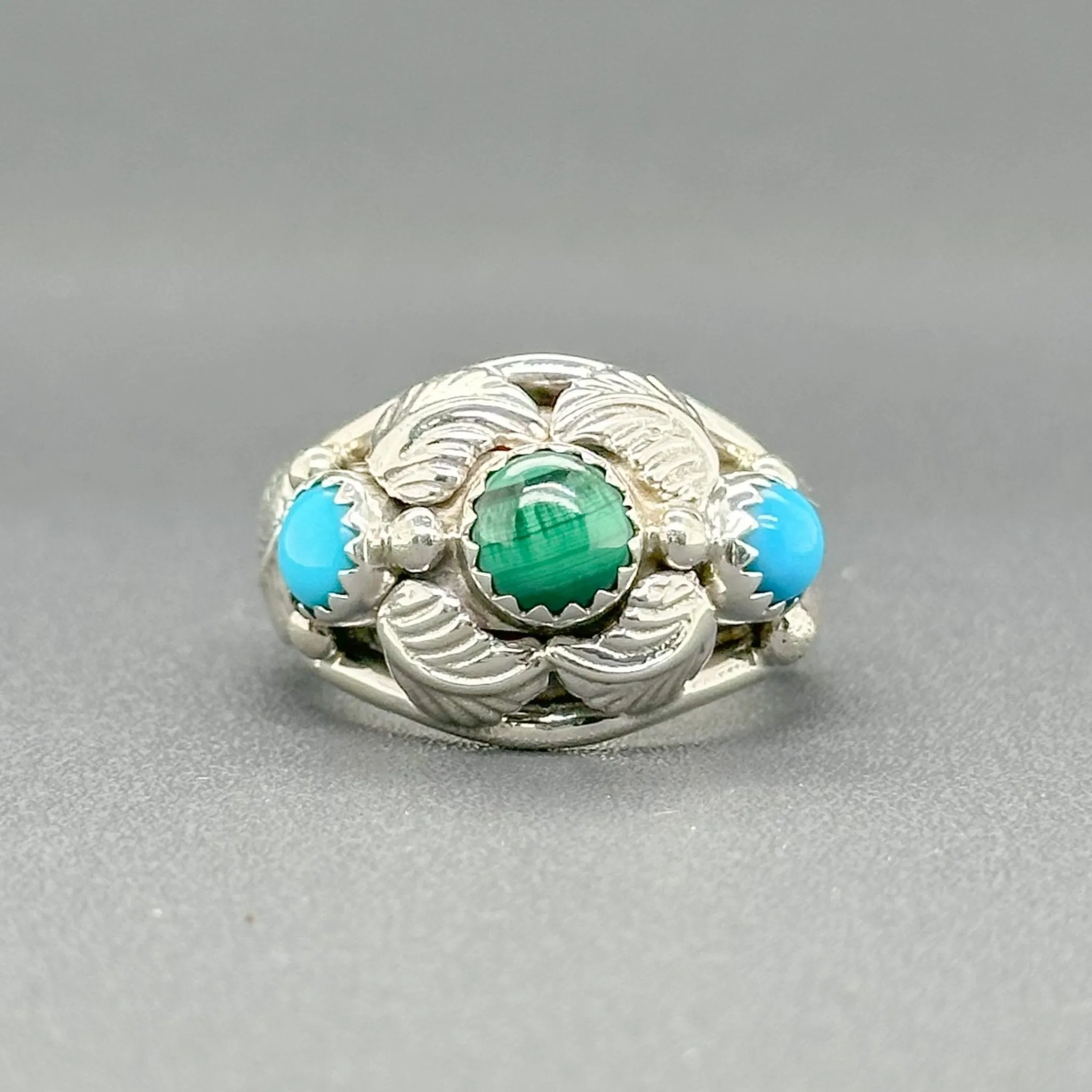 Estate SS Turquoise & Malachite Leaf Ring