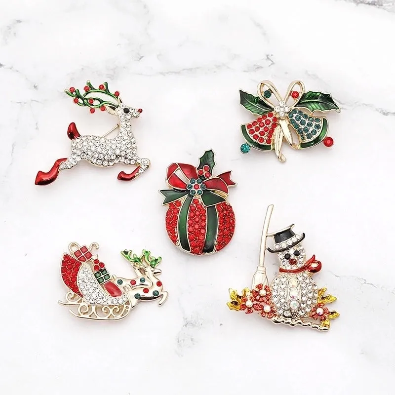 Europe And America Creative New  Sled Elk Bell Snowman Diamond-embedded Denim Bag Christmas Series Brooch For Women