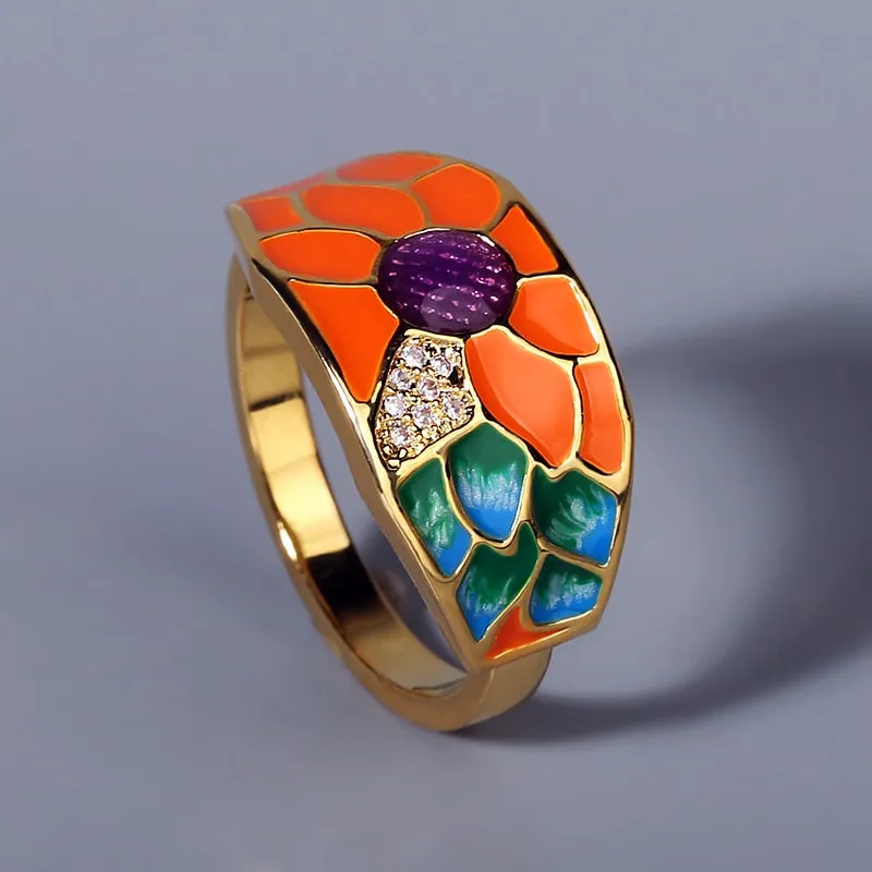 Fashion Jewelry Sun Flower Enamel Ring for Women with Zircon in 925 Silver