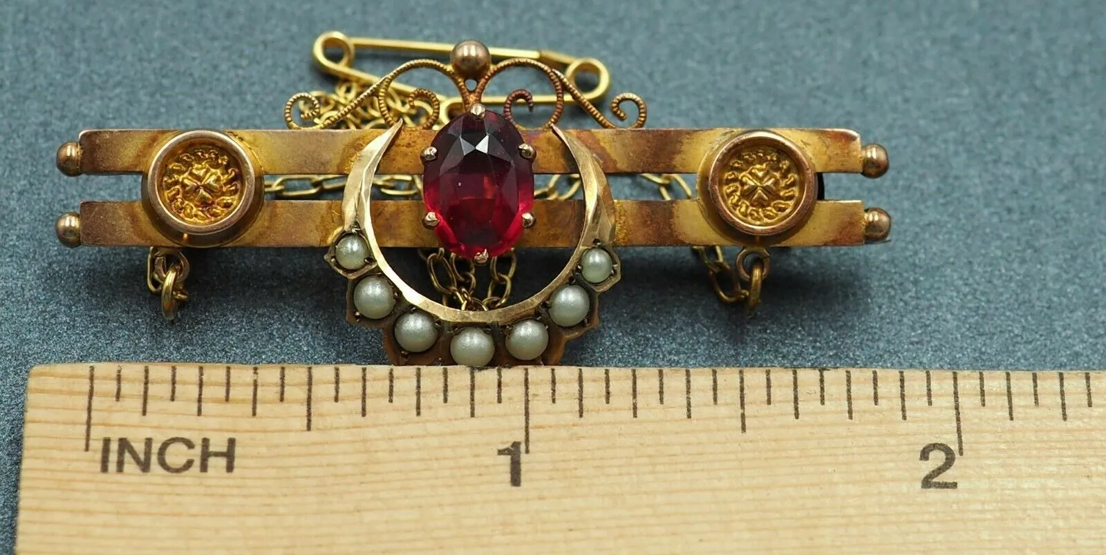 Garnet & Seed Pearl 9ct Yellow Gold Double Bar Brooch - Vintage