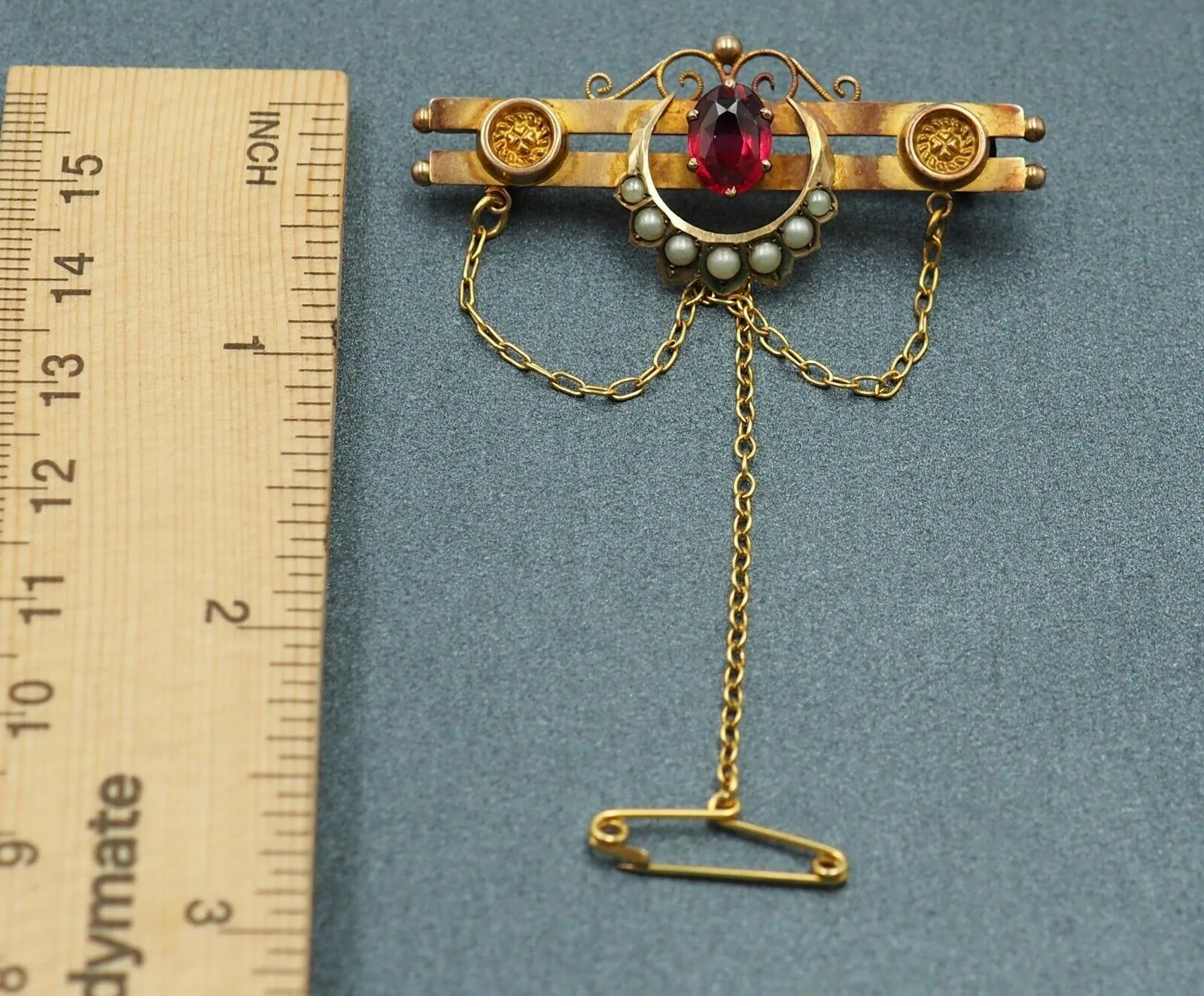 Garnet & Seed Pearl 9ct Yellow Gold Double Bar Brooch - Vintage