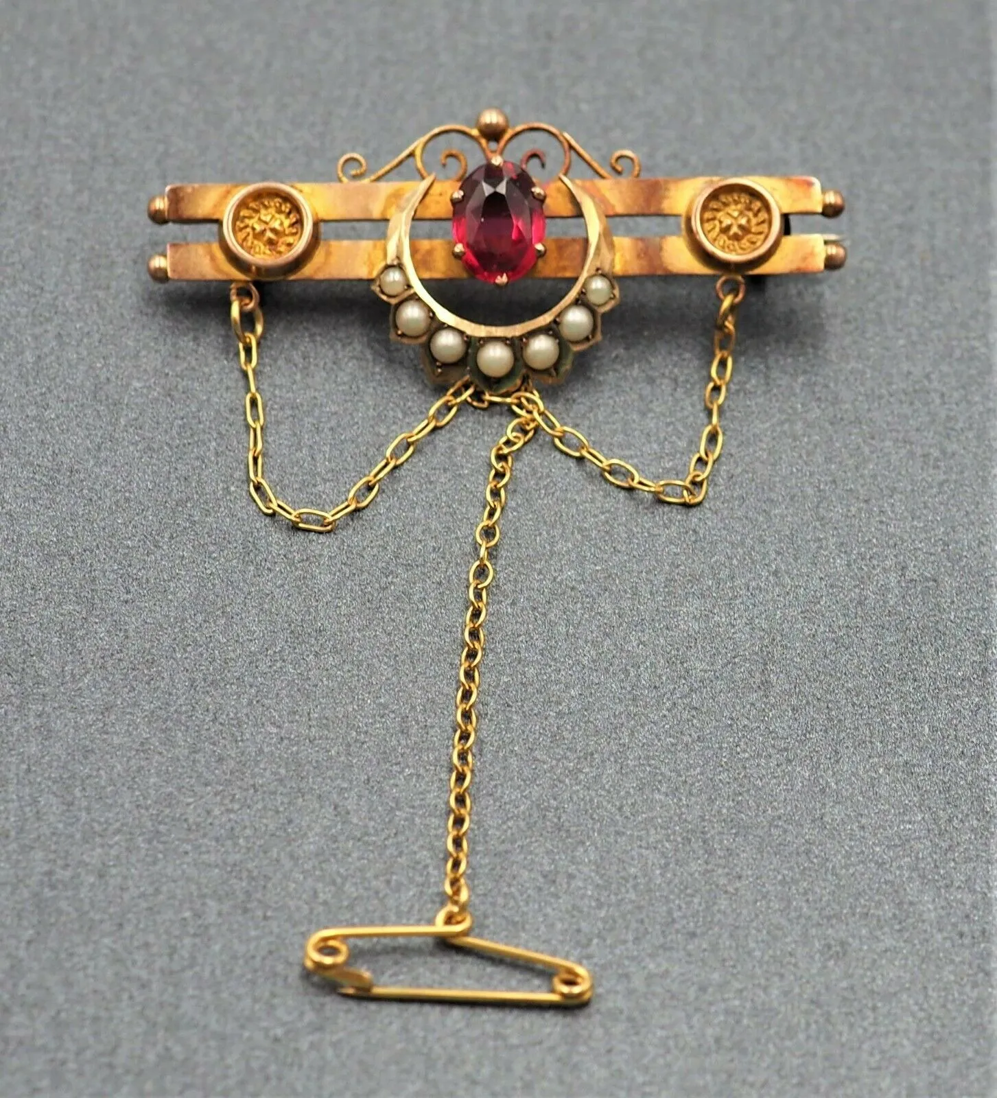 Garnet & Seed Pearl 9ct Yellow Gold Double Bar Brooch - Vintage