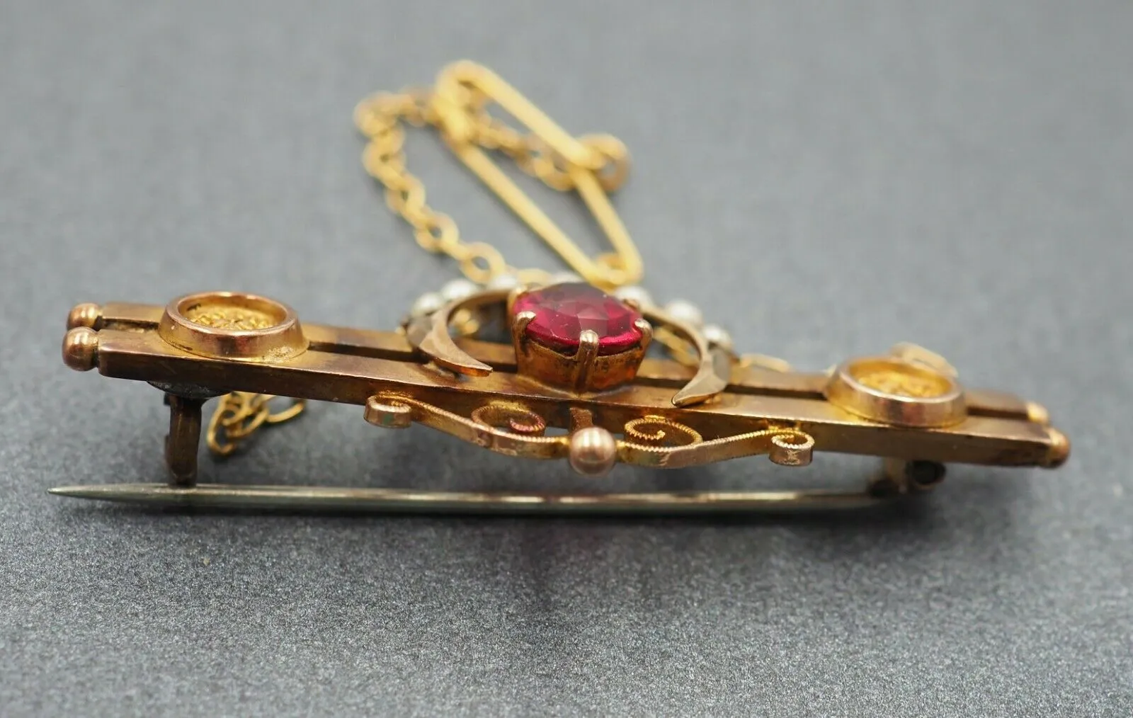 Garnet & Seed Pearl 9ct Yellow Gold Double Bar Brooch - Vintage