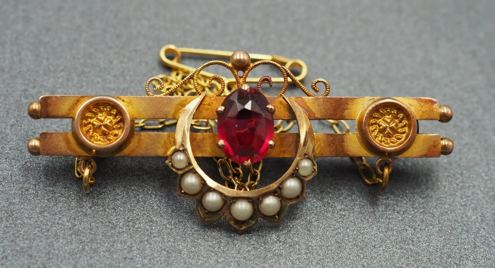 Garnet & Seed Pearl 9ct Yellow Gold Double Bar Brooch - Vintage