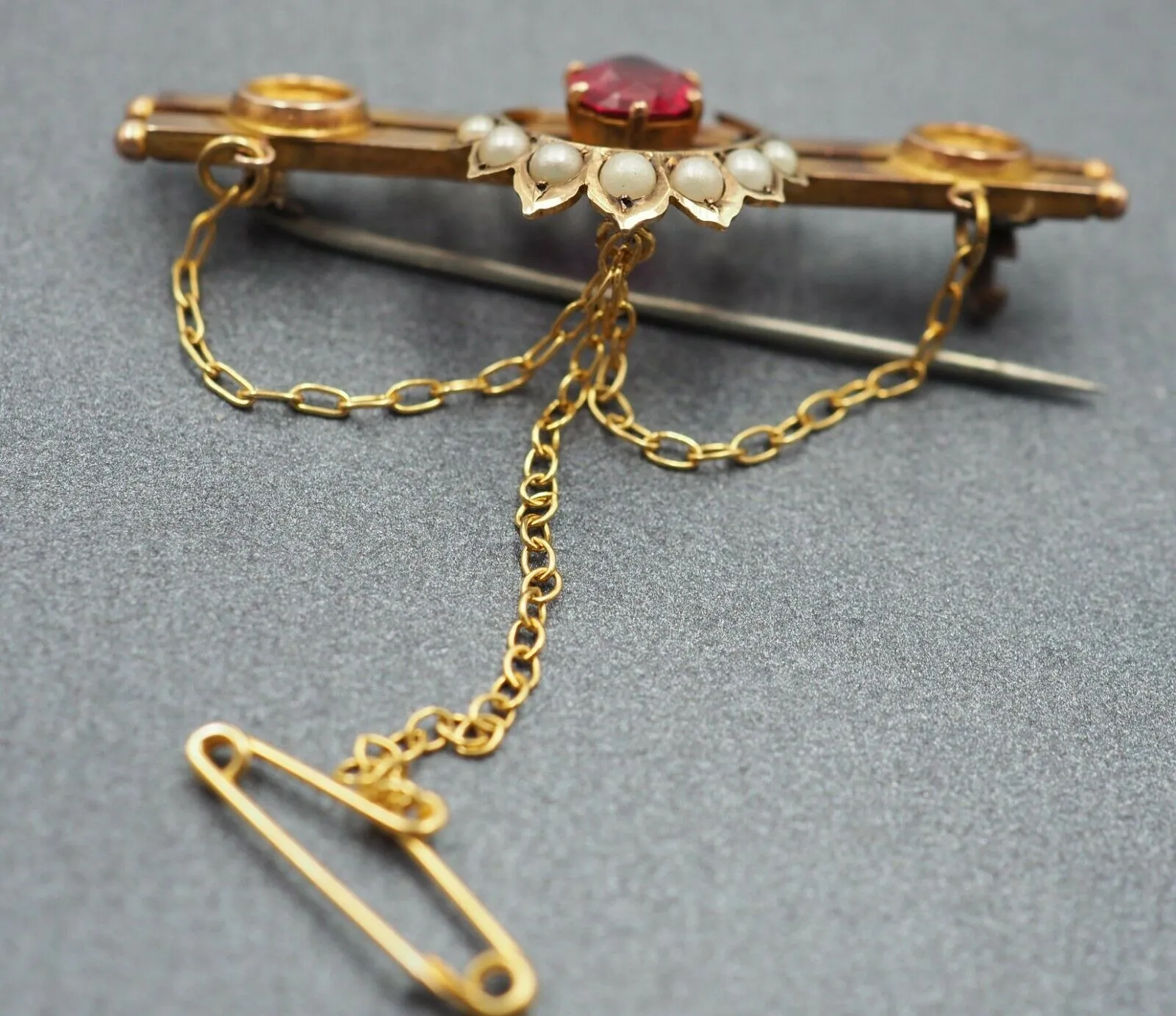 Garnet & Seed Pearl 9ct Yellow Gold Double Bar Brooch - Vintage