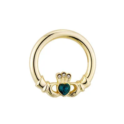 Gold Plated Claddagh Brooch with Green Heart