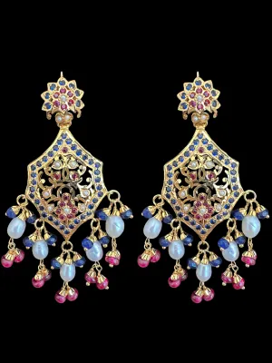 Gold plated silver earrings in ruby and sapphire with pearls ( READY TO SHIP)