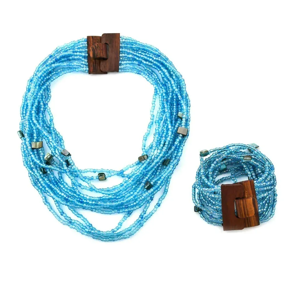 Handmade Blue Seed Bead Boho Costume Jewelry Set for Women Stretchable Beaded Bracelet Statement Necklace Multi Strand Layered Wooden Buckle Clasp Size 18" & 6.5" to 7.5" Birthday Mothers Day