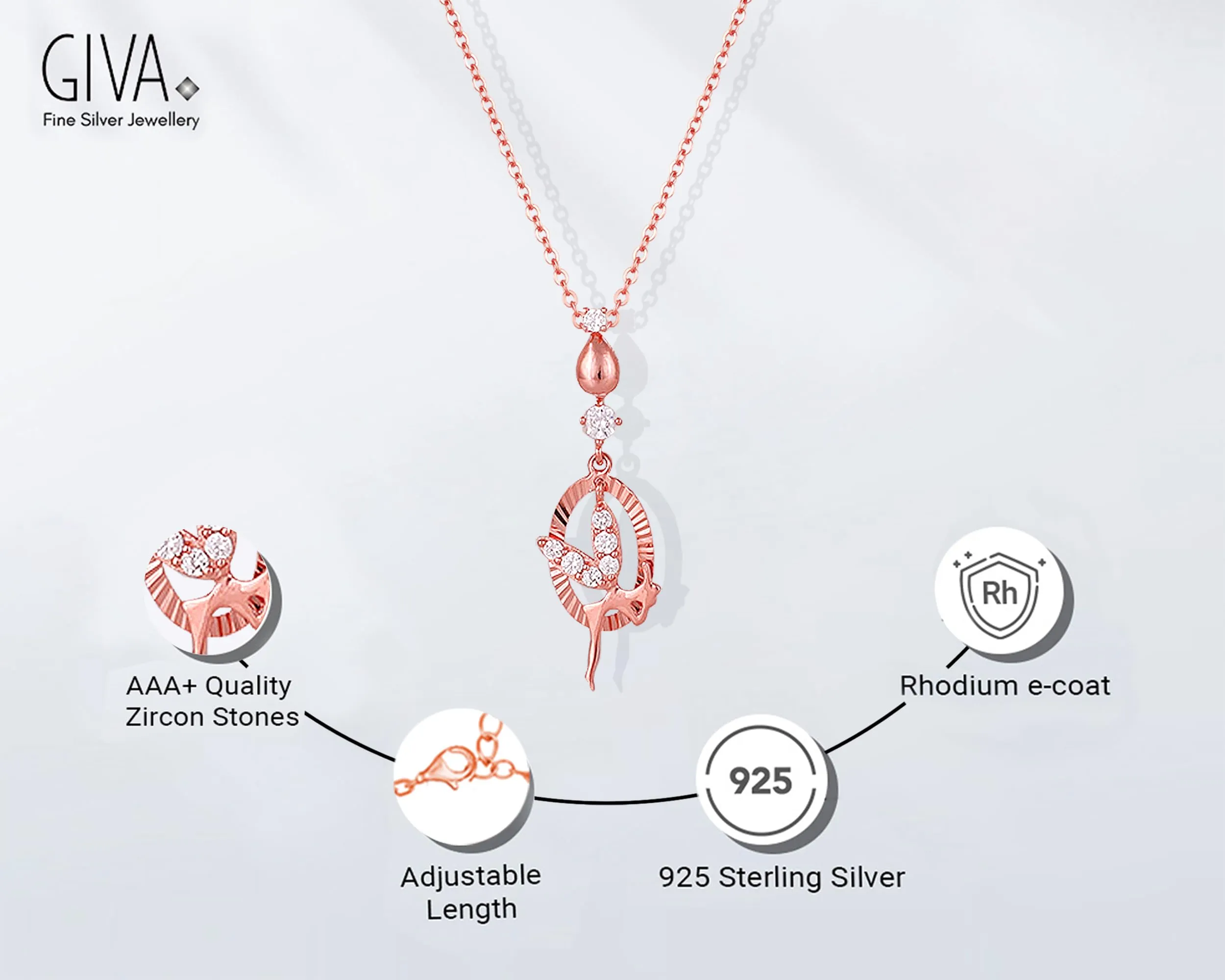 Hypoallergenic Sterling Silver Rose Gold Zircon Fairy Pendant Chain