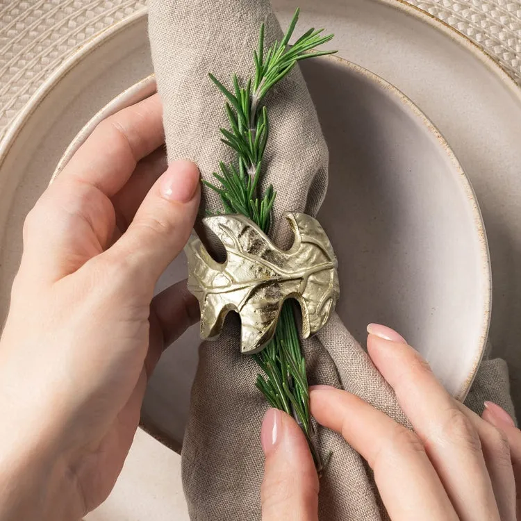 Leaf Napkin Rings, Brass Tone Cast Aluminum Napkin Holder with Foliage Design, Cloth Serviette Holders, Set of 6