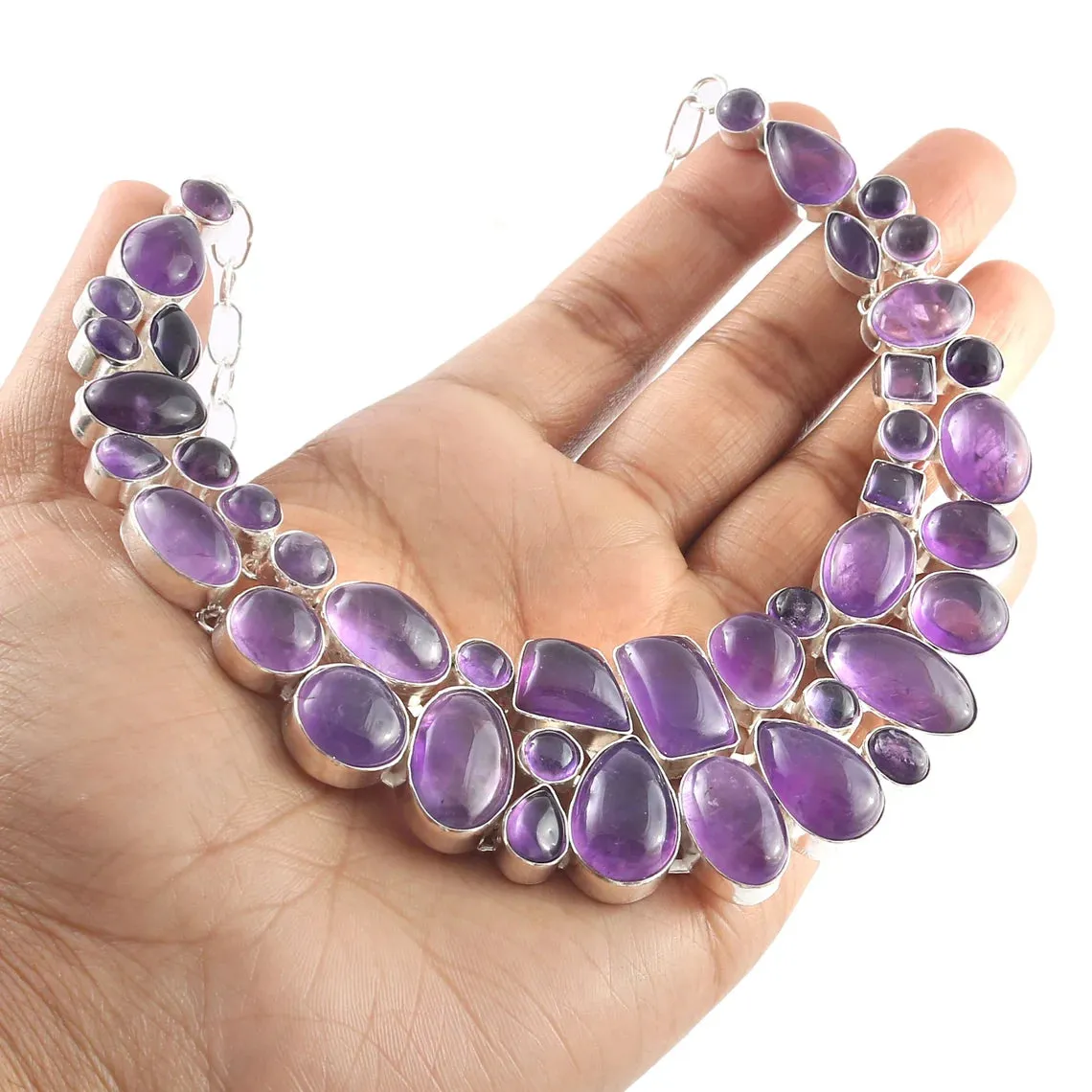 Natural Cabochon Amethyst Bib Necklace  - 925 Sterling Silver Wedding Necklace