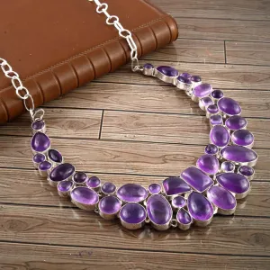 Natural Cabochon Amethyst Bib Necklace  - 925 Sterling Silver Wedding Necklace