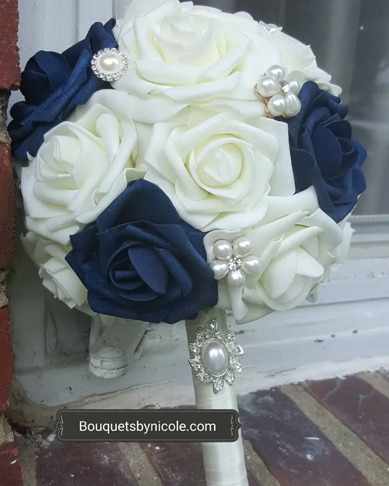 NAVY Blue Round Bouquet l  Real Touch Roses Brooch Bouquet~ BLUEY