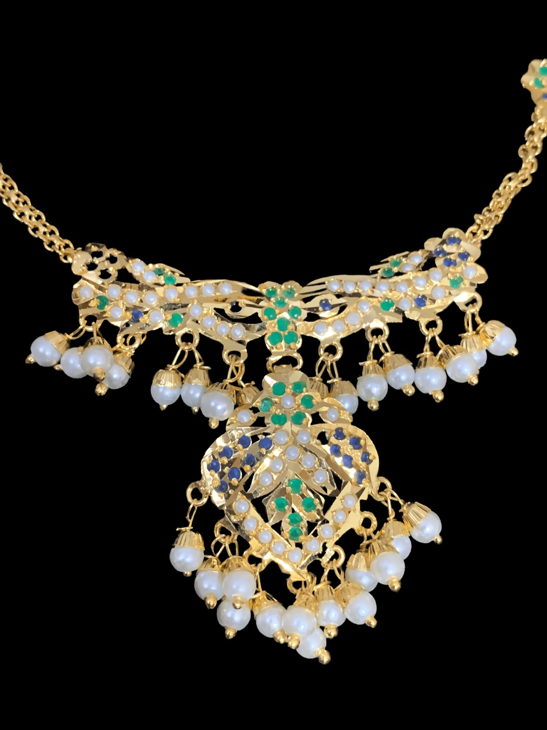 NS322 jadau necklace in emerald sapphire with fresh water pearls ( SHIPS IN 4 WEEKS)