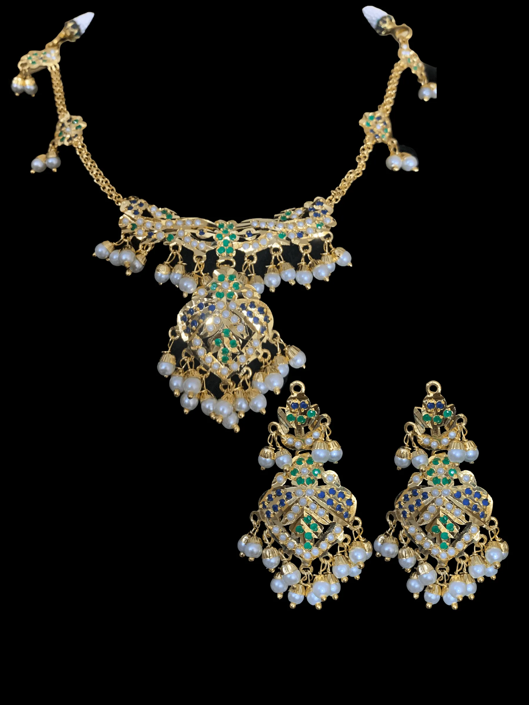 NS322 jadau necklace in emerald sapphire with fresh water pearls ( SHIPS IN 4 WEEKS)