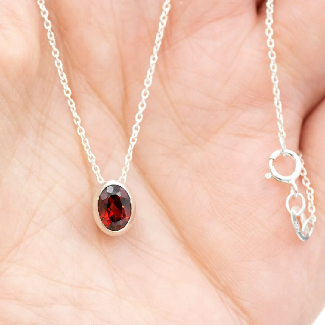 Oval Garnet Sterling Silver Slide Pendant Necklace