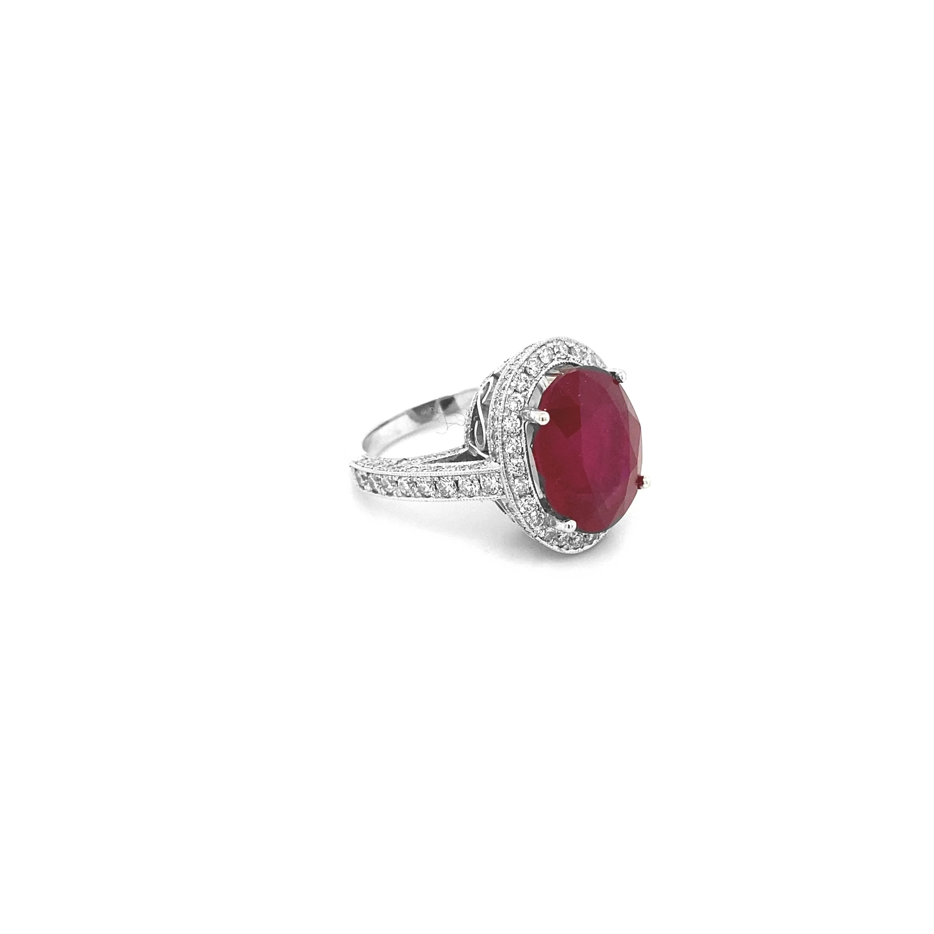 Oval Glass Filled Ruby Diamond White Gold Ring R009N