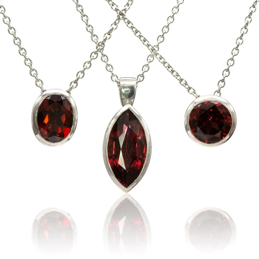 Round Garnet Sterling Silver Slide Pendant Necklace, Ready to Ship