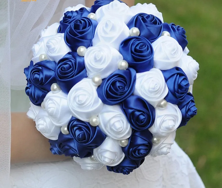 Royal Blue l White Round Bouquet l  Satin Roses Brooch Bouquet~ BOU-006