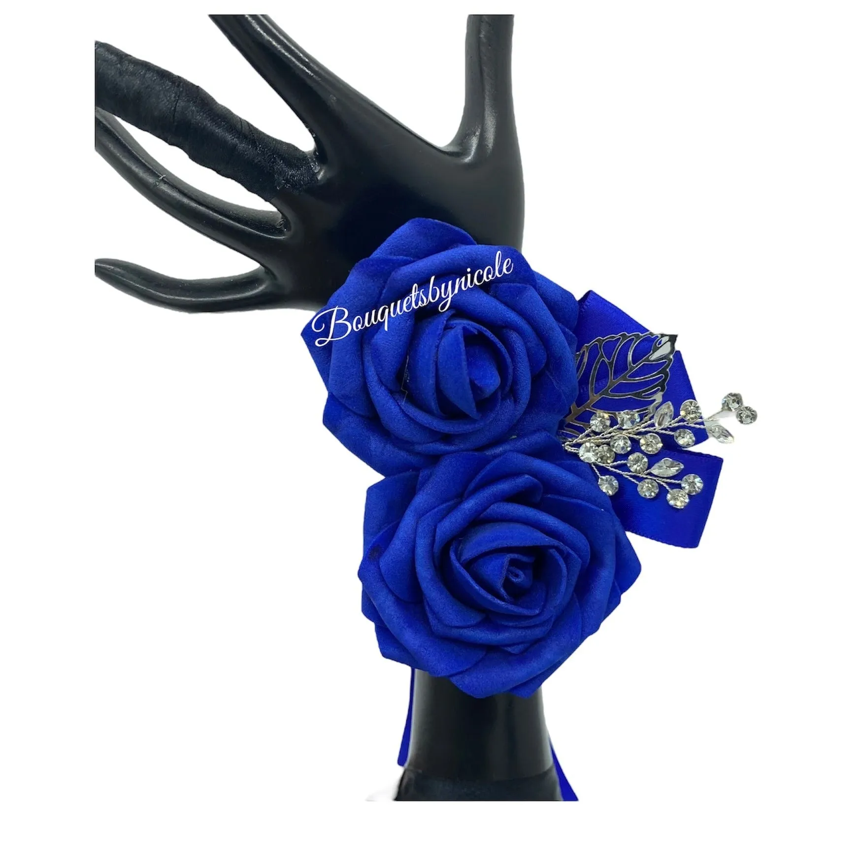 Royal Blue l White Round Bouquet l  Satin Roses Brooch Bouquet~ BOU-006