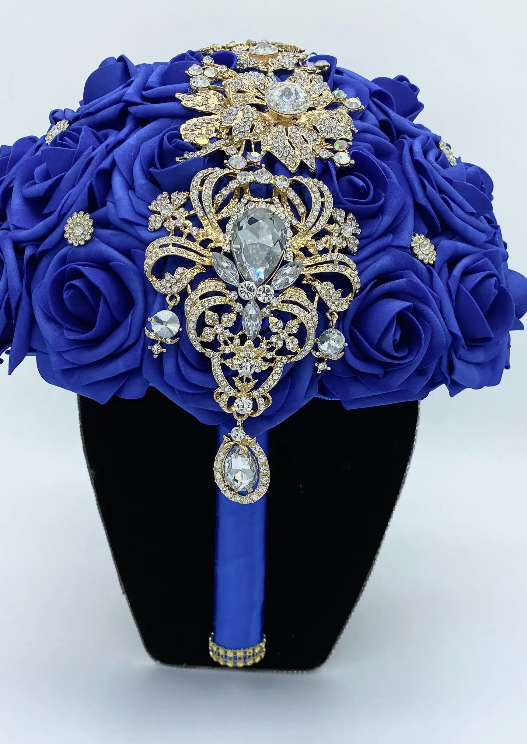 Royal Blue Round Bouquet l  Real Touch Roses Brooch Bouquet~ BOU-005