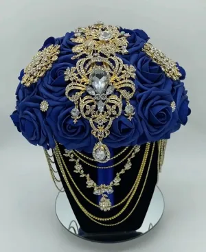 Royal Blue Round Bouquet l  Real Touch Roses Brooch Bouquet~ BOU-500