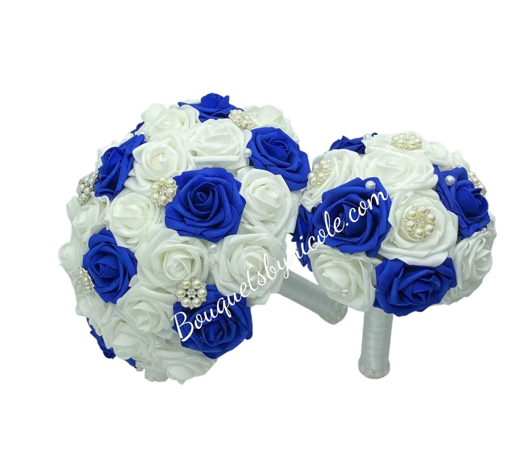 Royal Blue Round Bouquet l  Real Touch Roses Brooch Bouquet~ BOU-500