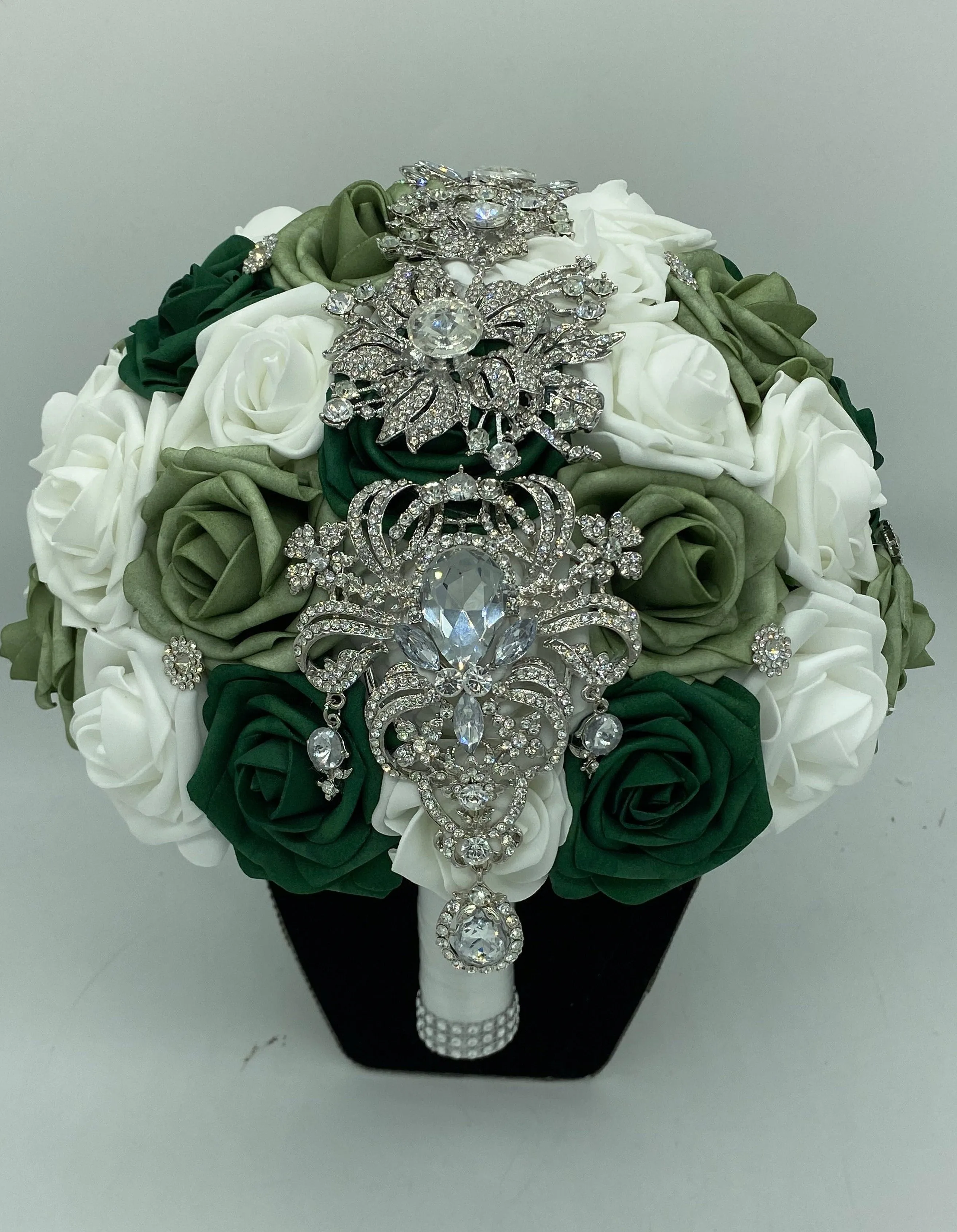 Sage l Emerald Green Round Bouquet l  Real Touch Roses Bouquet~ BOU-033