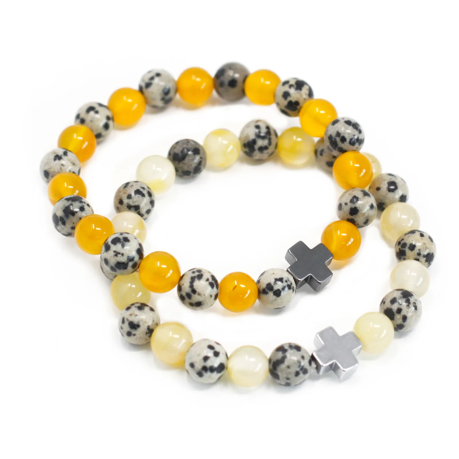 Set of 2 Gemstones Friendship Bracelets - Protection - Dalmatian Jasper & Yellow Agate