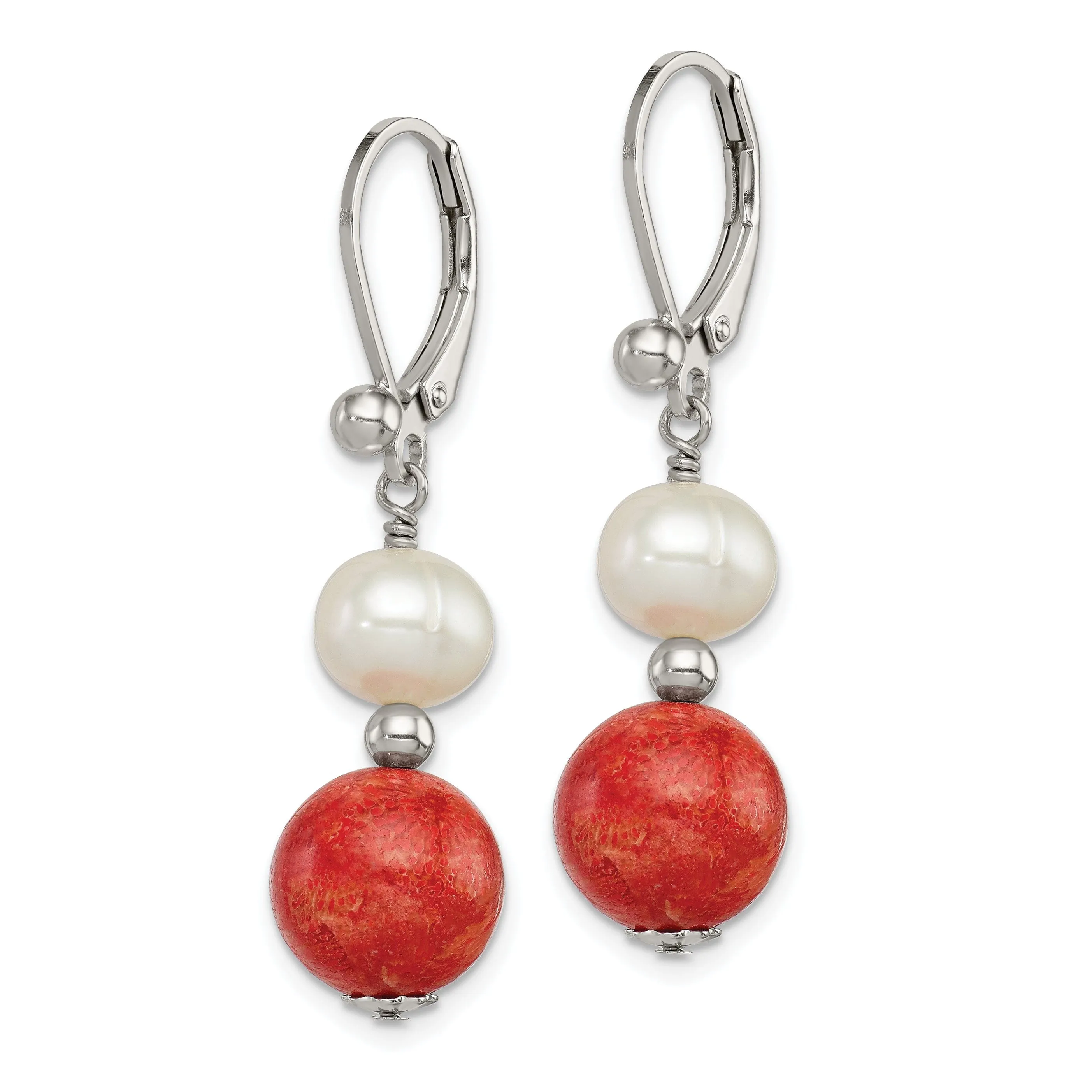 Silver Pearl Stabilized Red Coral Earrings