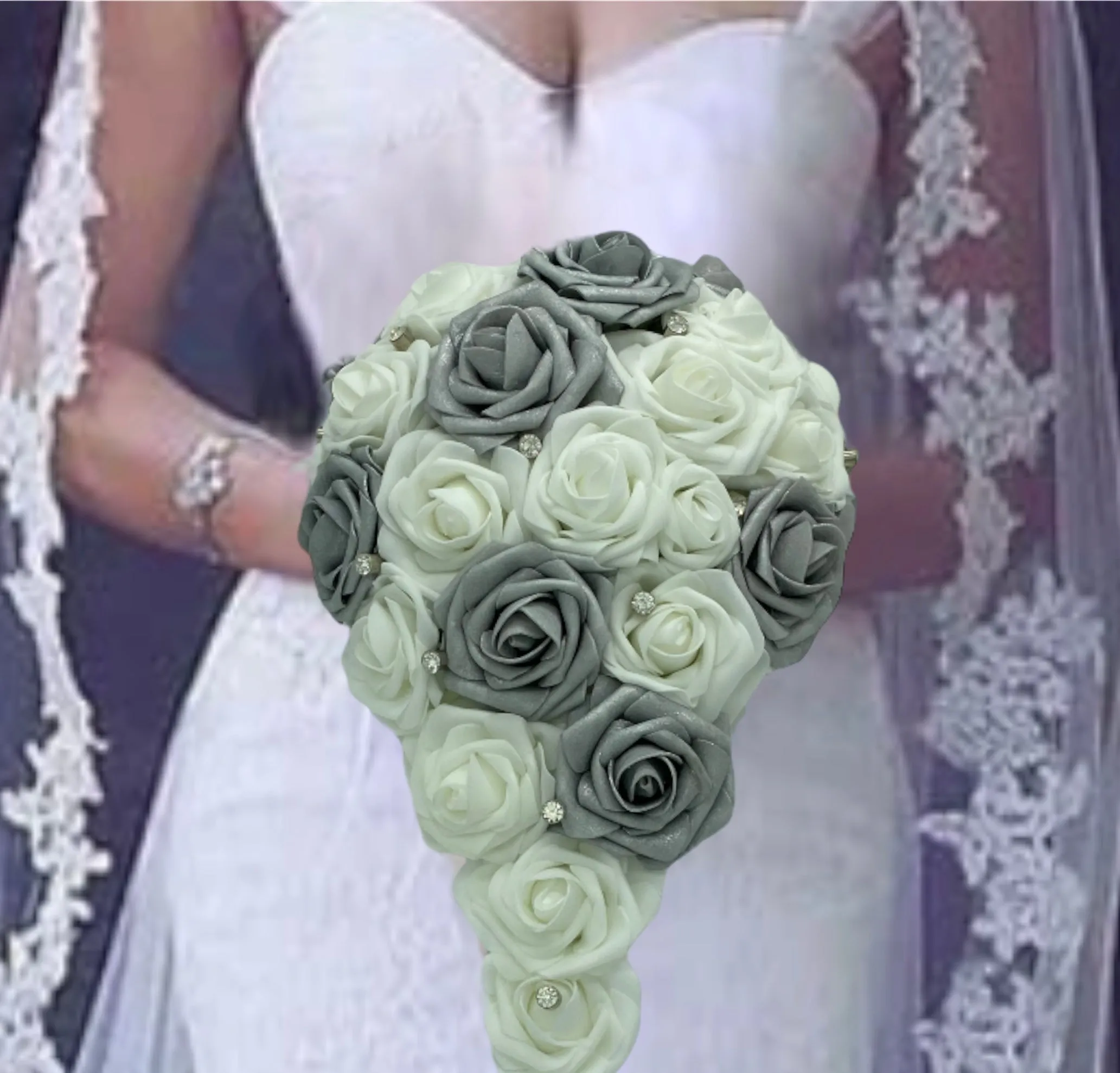 Silver White Cascade Bouquet l Waterfall bouquet l  Real Touch Roses Brooch Bouquet CB-006