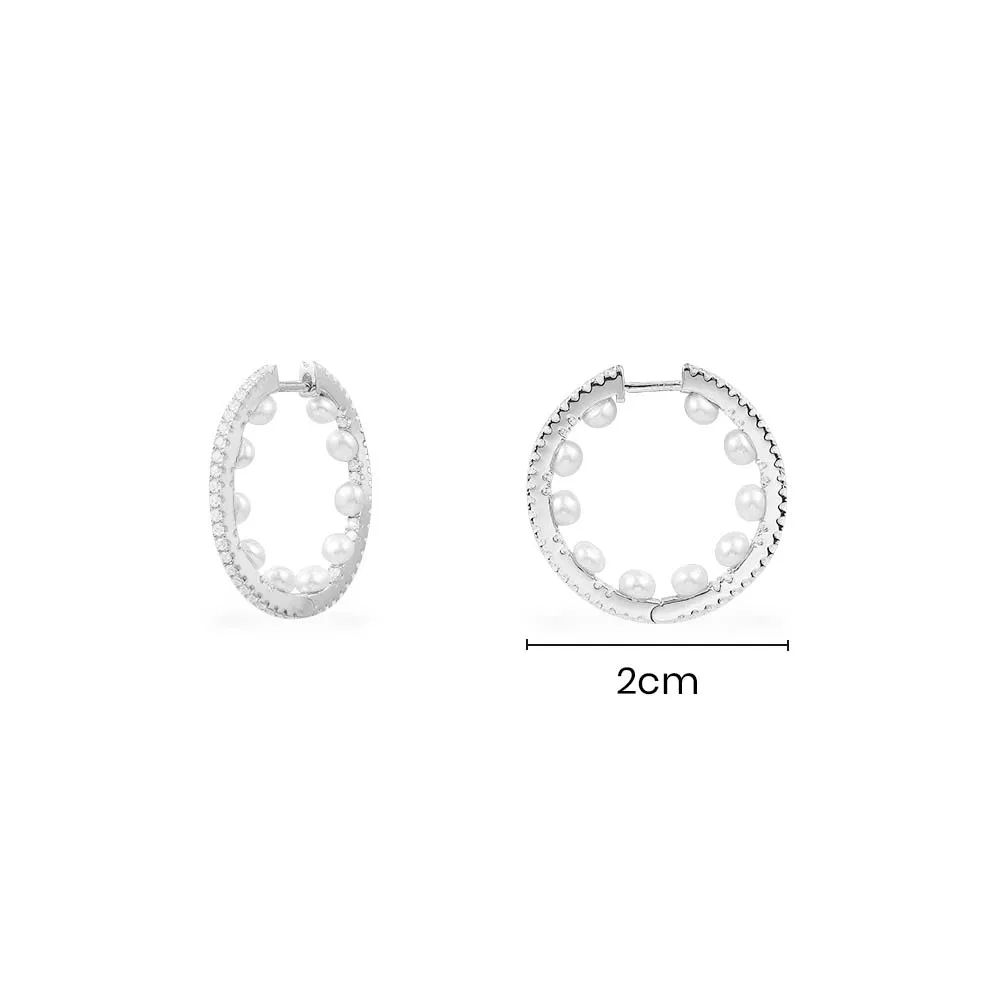 Small Pavé Hoop Earrings with Pearls - Silver